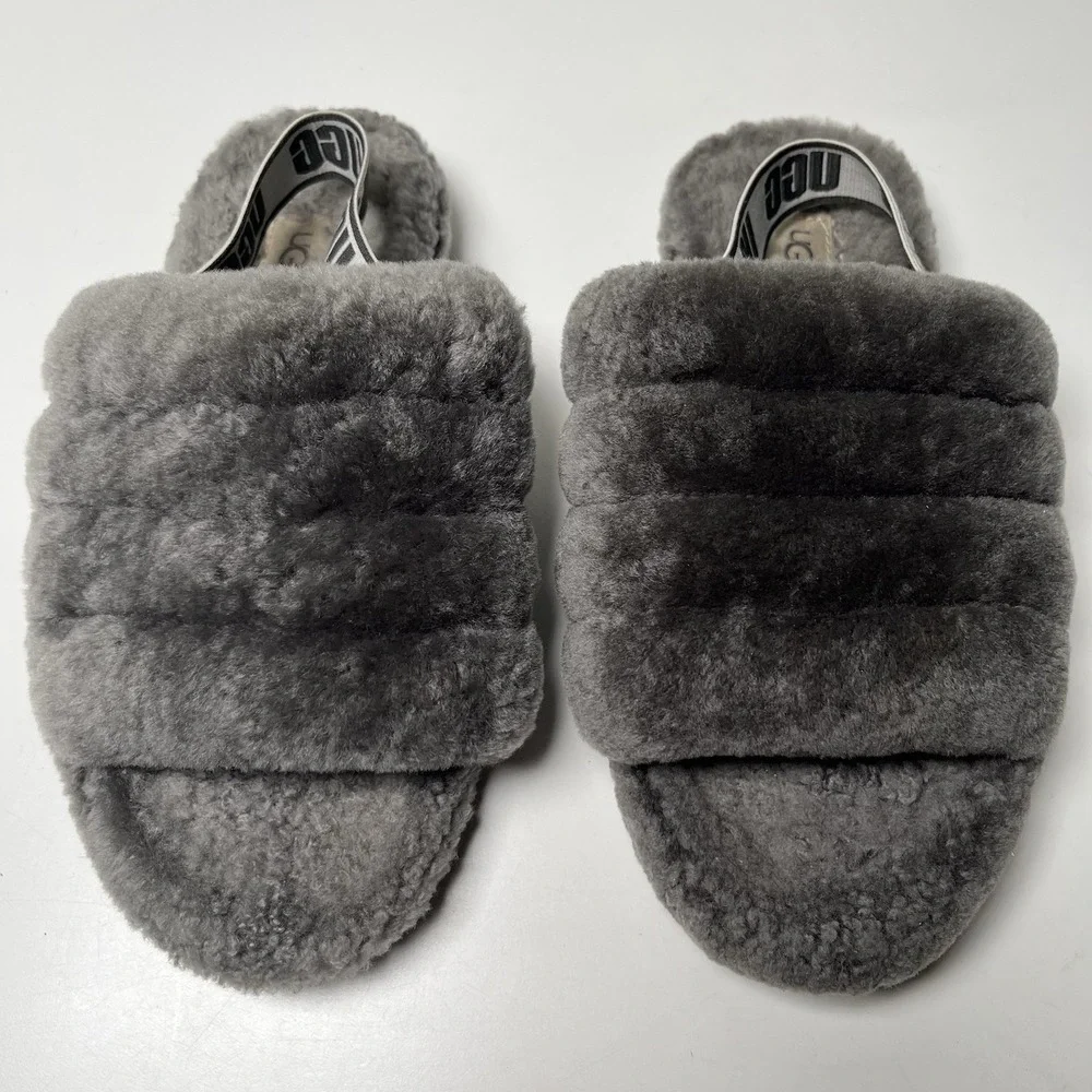 UGG Big Kids Fluff Yeah Gray Slides Slippers Sz 4 EU 36 Cozy Girls Youth Women's